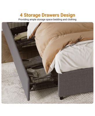 Full Platform Bed Frame 4 Drawers Linen Upholstery Wood Slats No Box Spring Needed Noise Free Simple
