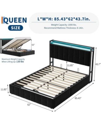 Queen Lift Up Storage Bed Frame Velvet Upholstered Hydraulic Platform Storage Headboard LED Charging Wood Slats No Box Spring