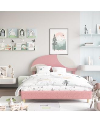 Full Bed Frame with Boucle Arch Headboard Modern Upholstered Platform Wooden Slats No Box Spring Kids Guest