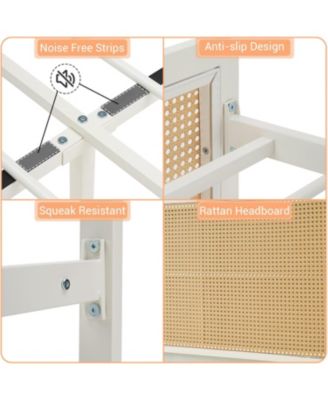 Full Rattan Bed Frame With LED Headboard Metal Platform Storage Rounded Corners Noise Free No Box Spring