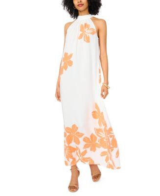 vince camuto halter floral chiffon dress Vince Camuto Floral Print Twist Halter Neck Sleeveless Gown, Womens, 16, Coral Multi