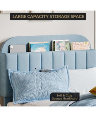 Twin Bed Frame Storage Headboard Velvet Upholstered Platform Bed Kids Wood Slats Noise Free