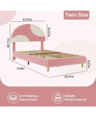Modern Arch Boucle Twin Bed Frame Soft Pink and Beige Headboard Wooden Slats No Box Spring Cozy Bedroom