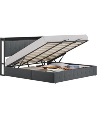 King Hydraulic Lift Up Storage Upholstered Bed Frame Button Headboard Heavy Metal Platform Wood Slats Noise