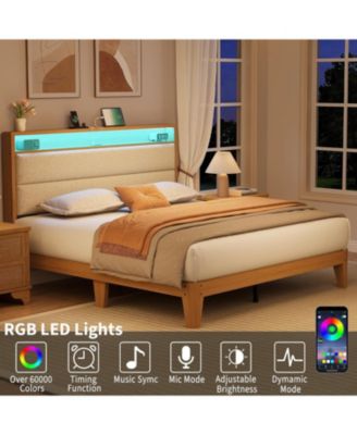   Boucle Bed Frame with LED Lights Charging 2 Storage Headboards No Box Spring Easy Assembly Noise Free Queen