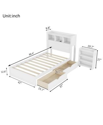 Twin Size Wood Bed with Storage Headboard and Drawers