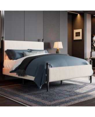 Upholstered Bed Frame - with Headboard, Soft Corduroy Fabric Platform with Wooden Slats Support & Heavy Duty Feet, No Box Spring