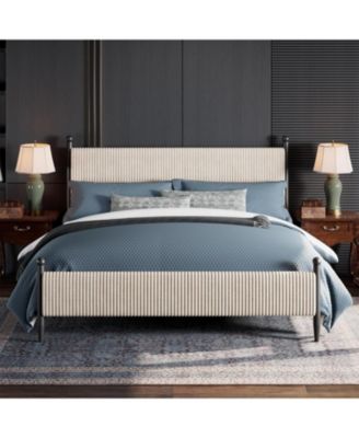 Upholstered Bed Frame - with Headboard, Soft Corduroy Fabric Platform with Wooden Slats Support & Heavy Duty Feet, No Box Spring