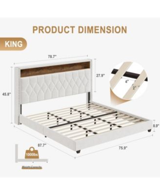 King Upholstered Bed Frame With Charging Station Bookcase Headboard Platform Bed USB Wood Slats No Box Spring