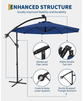 10FT offset patio umbrella with weighted base, 360° rotation and infinite tilt for versatile shade on decks, poolsides, lawns, and backyards.