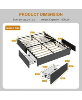 Queen Platform Bed Frame 4 Drawers Linen Upholstered Wood Slats Large Storage No Box Spring Non Slip