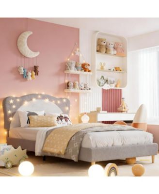   Upholstered Platform Bed for Kids Velvet Princess Panda Headboard Wood Slats No Box Spring