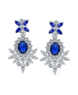 Cocktail Leaf Motif Cubic Zirconia Black White Blue CZ Chandelier Clip-On Earrings
