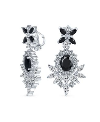 Cocktail Leaf Motif Cubic Zirconia Black White Blue CZ Chandelier Clip-On Earrings