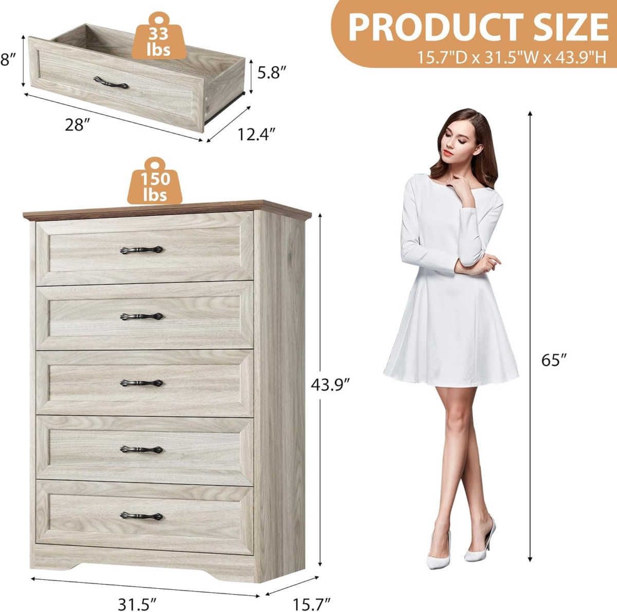 gaomon 5-Drawer Tall Dresser for Bedroom, Farmhouse Wooden Chest with Wide Metal Handles