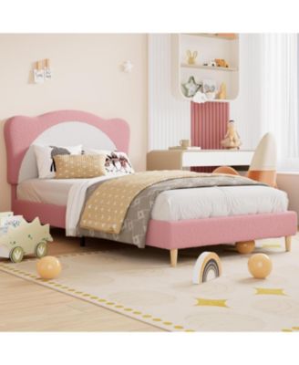 Full Panda Princess Bed Frame for Kids Velvet Upholstered Platform Wood Slats No Box Spring Modern Princess