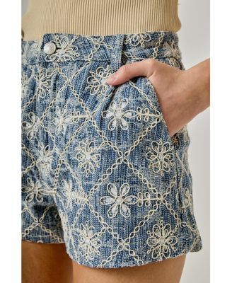 Women's Floral Embroidered Denim Micro Shorts