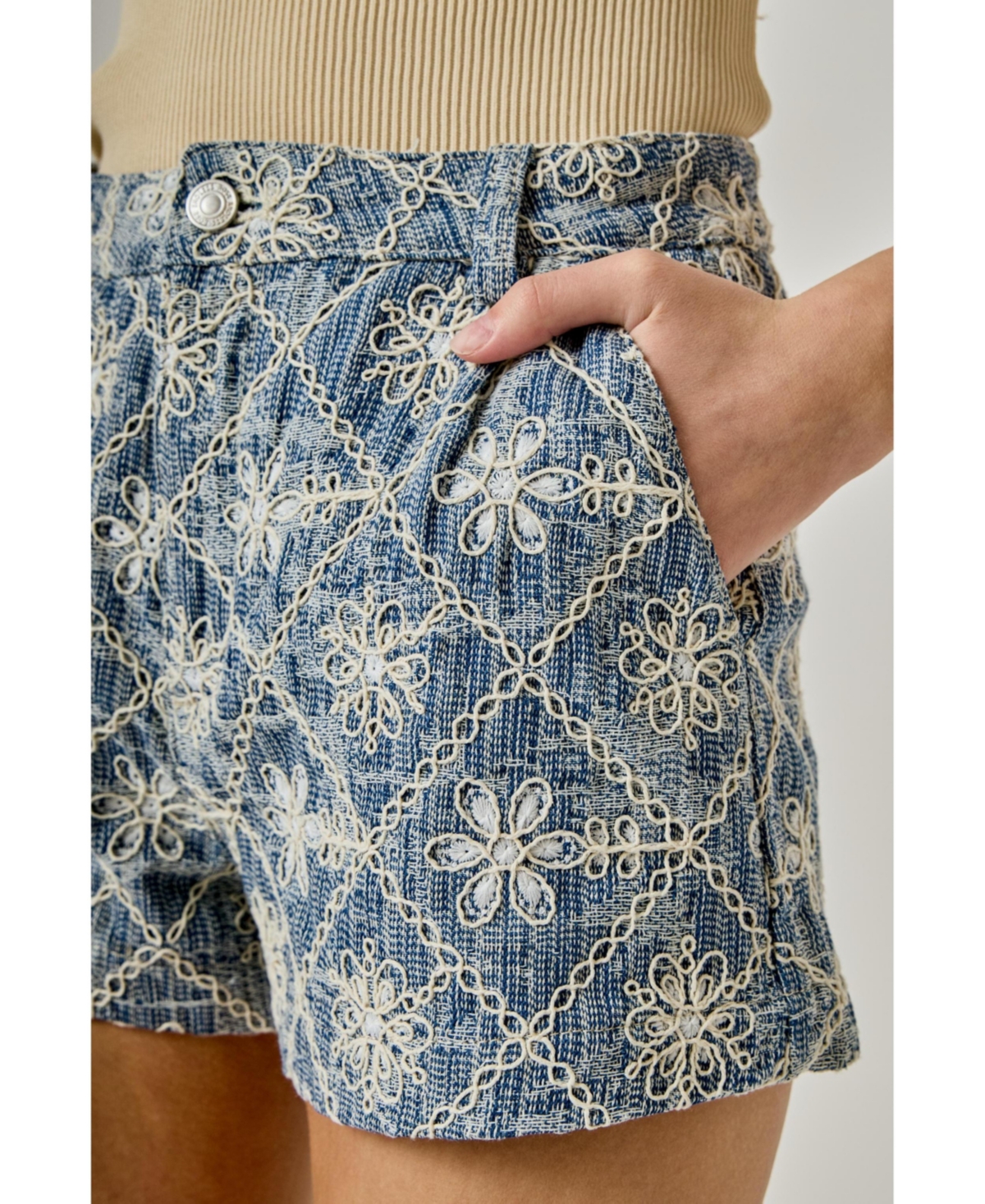 endless rose Women's Floral Embroidered Denim Micro Shorts