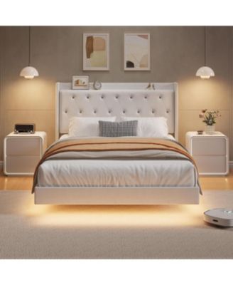 Modern Queen Floating Bed Frame With LED Lights Soft Fabric Storage Headboard Noise Free No Box Spring