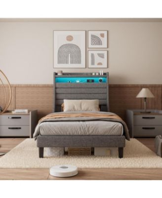 Twin Bed Frame 2 Tier Upholstered Storage Headboard Charging Led Lights Wood Support Noise Free Storage