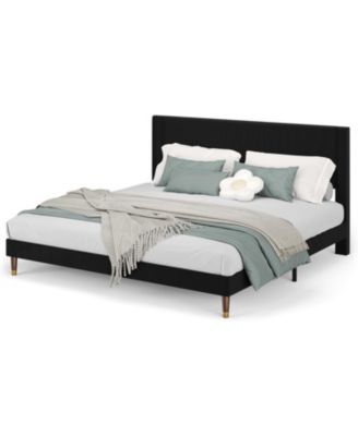 King Bed Frame with Headboard Corduroy Upholstered Platform Wood Slats No Box Spring Needed Noise Free Easy Assembly