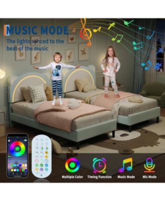 Twin XL Bed Frame Upholstered Platform for Kids Adjustable Headboard LED Light Wood Slats No Box Spring