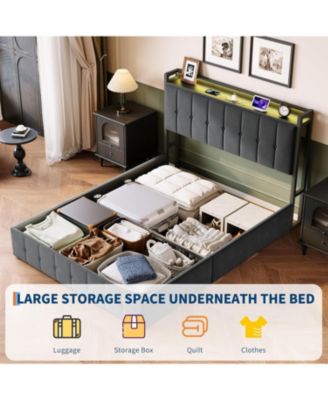  Lift Up Storage Bed Frame with LED Upholstered Storage Headboard Charging Metal Platform No Box Spring Wood Slats