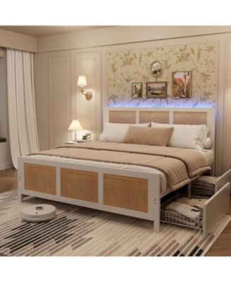 Full Rattan Bed Frame with LED Headboard, Boho Cane Platform with 4 Drawers, Metal Slats, No Box Spring