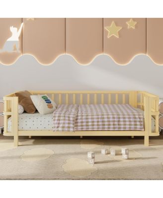 Children's double wooden platform bed with railings (Twin, Natural)