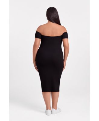 Women's S3 Off the Shoulder Straight Neck Ribbed Sculpting Midi Dress with Built-In Shapewear