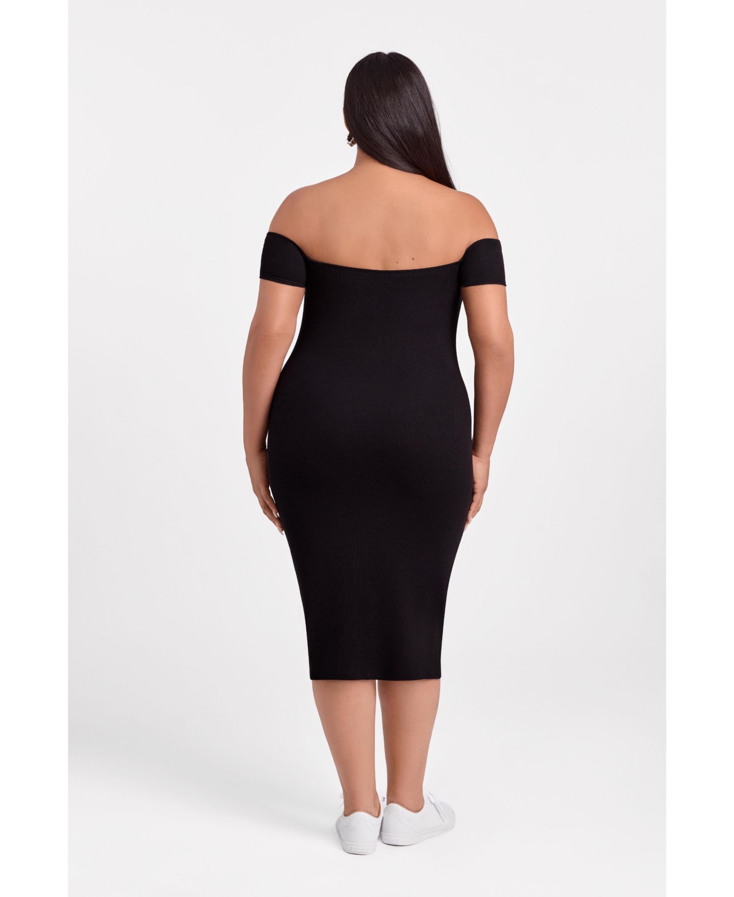 Women's Off the Shoulder Straight Neck Ribbed Sculpting Midi Dress