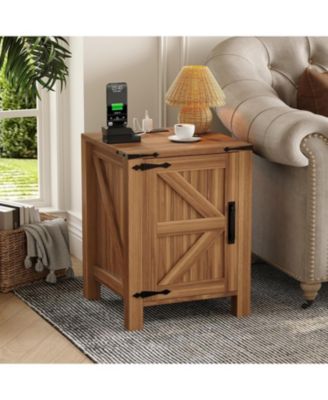 Bedside Table with USB Charging Station – Rustic Wooden Bedside Table with Sliding Barn Door, Adjustable Shelf