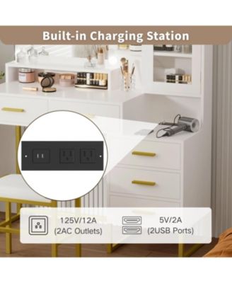 Large Makeup Vanity Set with LED Lighted Mirror, Stool, Shelves and Charging Station