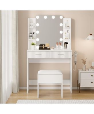 Modern Makeup Vanity Set with 12-LED Mirror, Stool, 2 Drawers, Shelves and Power Outlet