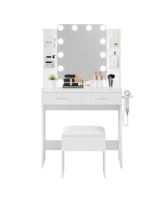 Modern Makeup Vanity Set with 12-LED Mirror, Stool, 2 Drawers, Shelves and Power Outlet