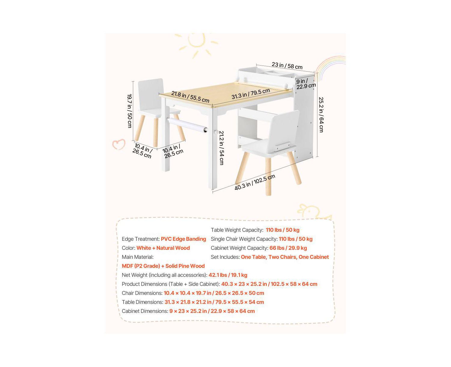 Toddler Craft Table Set with 2 Chairs and Storage Shelves