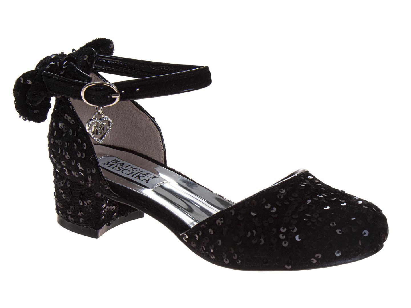 Туфли Badgley Mischka Velvet and Sequin Dress Heels with Bow, Ankle Strap, Block Heel (Little Kid-Big Kid) для девочек, цвет: Чёрный — фото 1