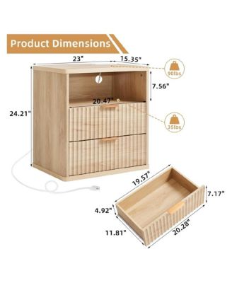 Farmhouse 23" Fluted Nightstand with 2 Drawers and Charging Station