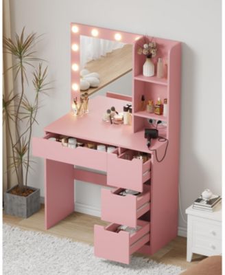 Kids Vanity Desk with 3-Color Touch Control Tri-Fold Lighted Mirror