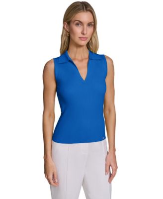 Women's Sleeveless Collared V-Neck Sweater