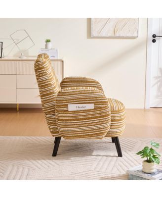 Modern armchair with sanded fabric, side pocket, solid wood legs