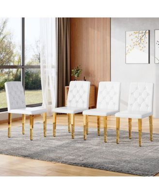 4-pack White PU dining chairs, ergonomic buckle backrest, 35"H, gold legs.