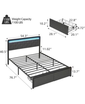Full Bed Frame With 2 Drawers Upholstered Platform Bed LED Headboard No Box Spring Easy Assembly