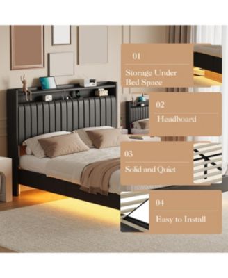 Full Floating Bed Frame RGB Led Charging Upholstered Headboard Storage Platform 50 Inch Leather