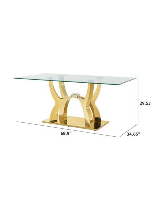 Luxury Glass Dining Table for 6, Clear Glass Top, Gold Curved Base
