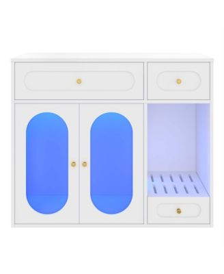 Cat Litter Box Enclosure with LED Light – End Table with Storage Drawers & Acrylic Doors