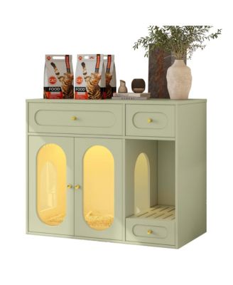 Cat Litter Box Enclosure with LED Light – White End Table with Storage Drawers & Acrylic Doors, Green