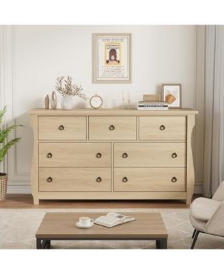 Dresser for Bedroom, Modern Wood 7 Drawer Dresser with Black Ring Pull Handles