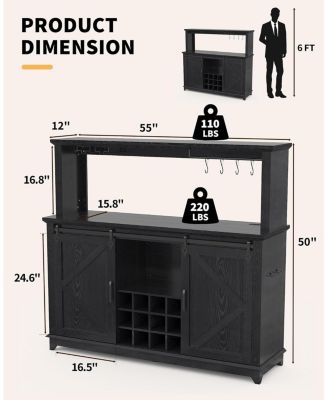 Farmhouse 55" Coffee Bar Cabinet with Sliding Barn Door & Power Outlet & LED Light, Large Kitchen Hutch with Sliding Barn Door