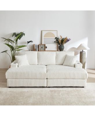 84" Corduroy 3-Seater Sofa w/ Pillows, Ottomans, Storage & Cup Holders